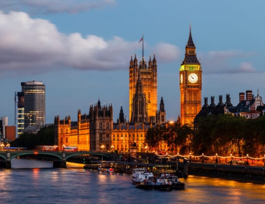 London at night time, big ben lit up.